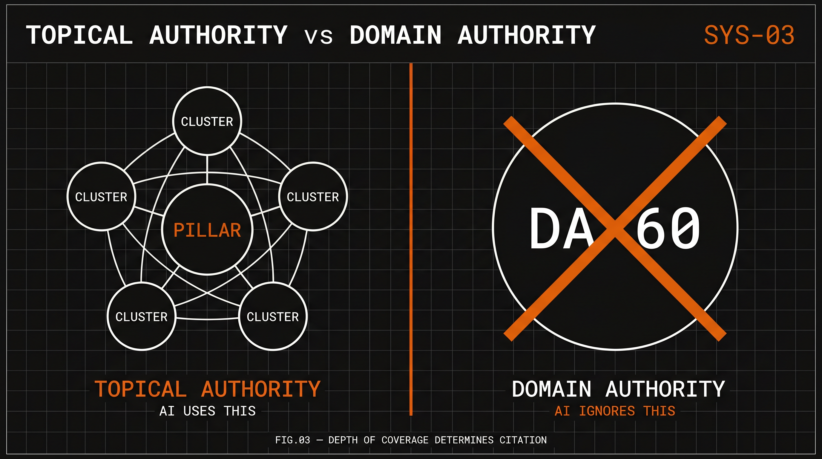 Topical Authority vs Domain Authority — diagram showing pillar-cluster network (AI uses this) vs DA score with X (AI ignores this)